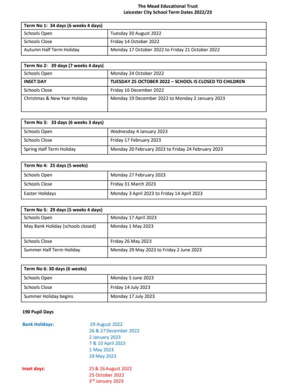 Term Dates Kestrel Mead Primary Academy TMET Leicester MAT