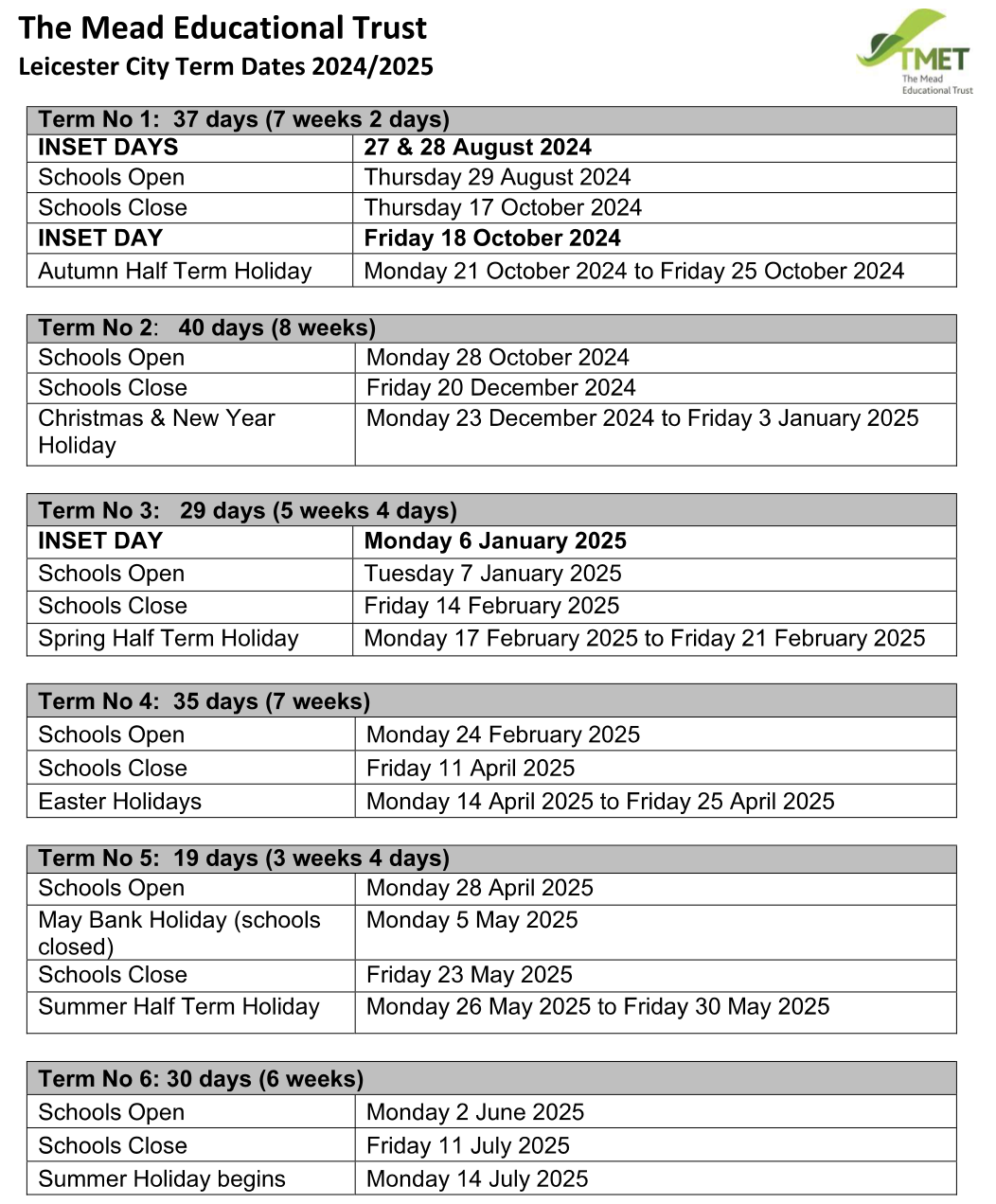 Term Dates – Kestrel Mead Primary Academy | TMET Leicester MAT